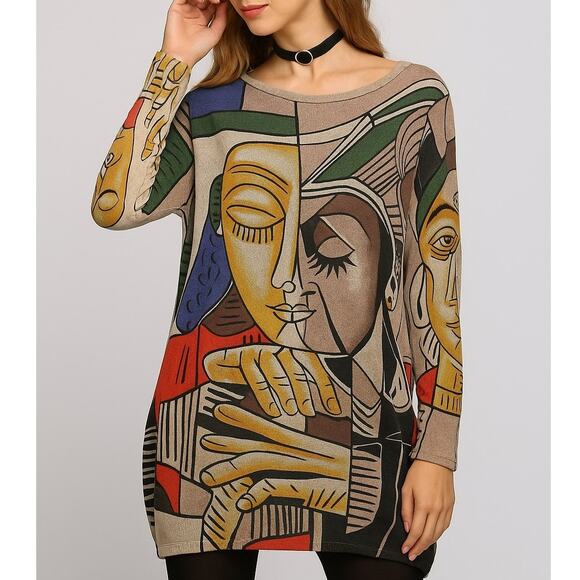 XIKOI Oversized Sweater Dress Wool Blend Abstract Print - Picture 1 of 8